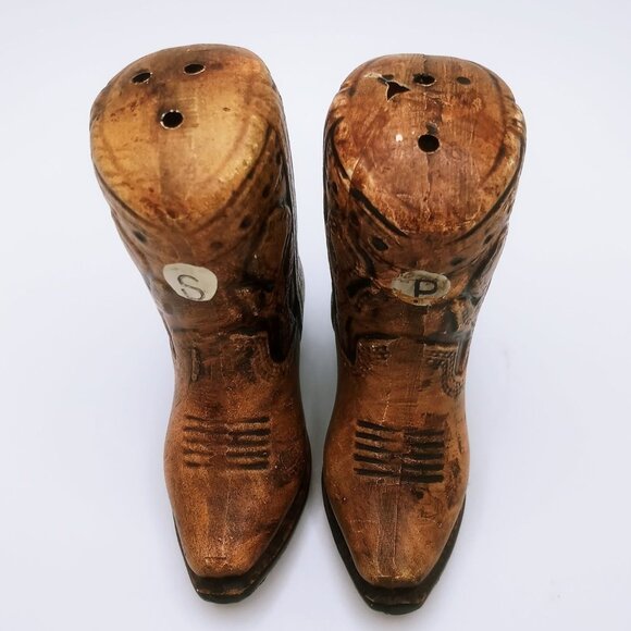 Salt & Pepper Shakers Set Ceramic Anthropomorphic Brown Cowboy Boots Vintage Set - Picture 13 of 16